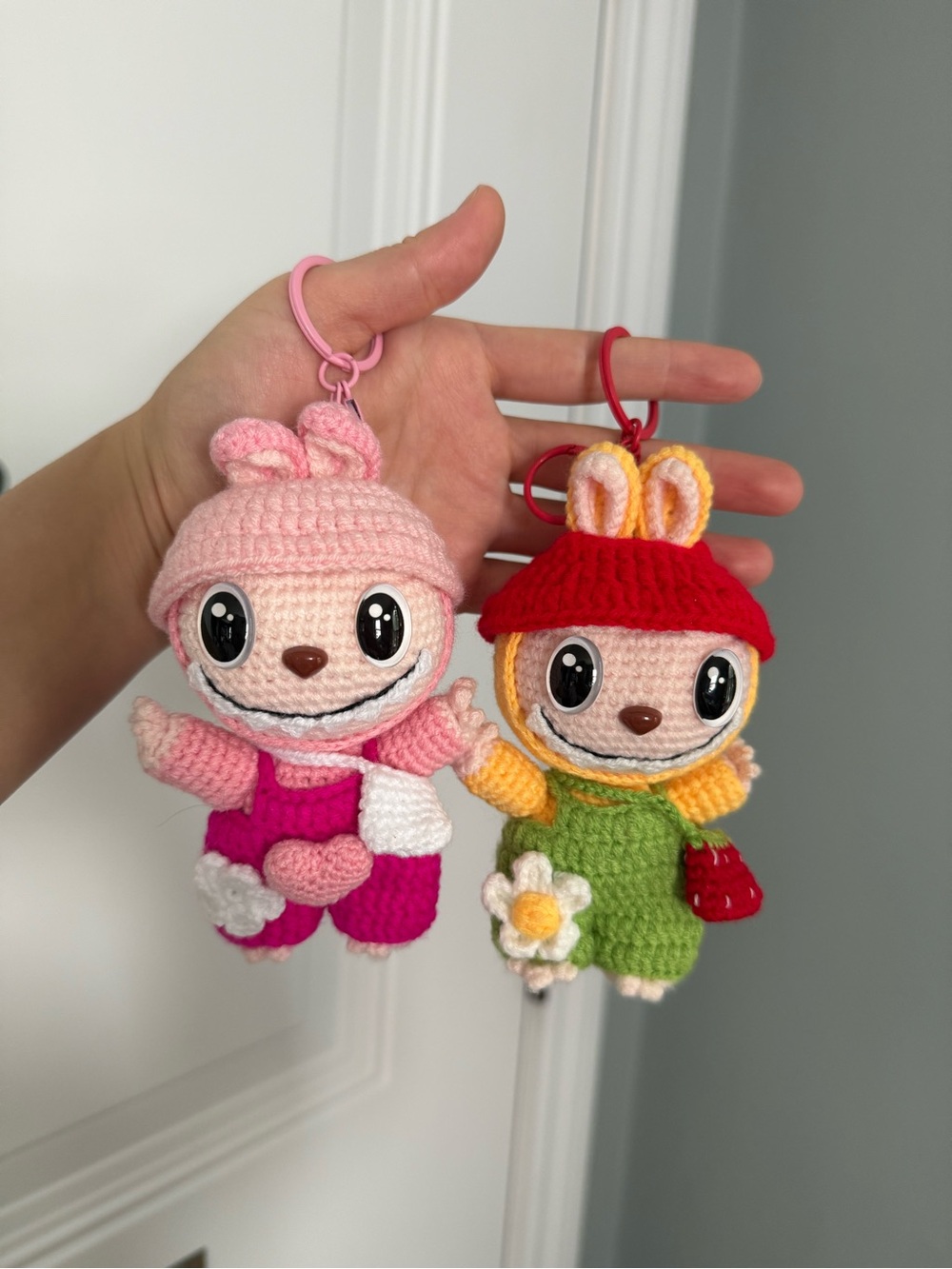 Handmade Pink and Green Labubu Crochet stuffed animal Toy Keychain charm. unique